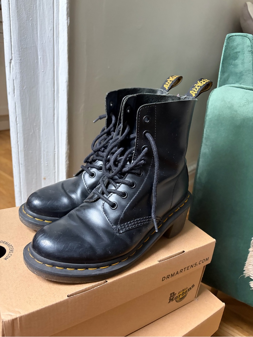 Dr. Martens Black Leather Lace-Up Platform Boots with Yellow Stitching - Picture 3 of 7